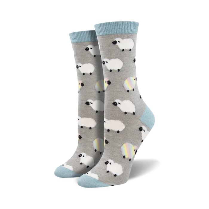 gray crew socks with a whimsical pattern of white sheep holding rainbow yarn balls, perfect for women who love fun and unique accessories.   