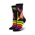 A pair of black crew socks with a colorful image of Jimi Hendrix playing guitar. The socks feature a vibrant rainbow stripe at the cuff and text that says 'Are You Experienced'.