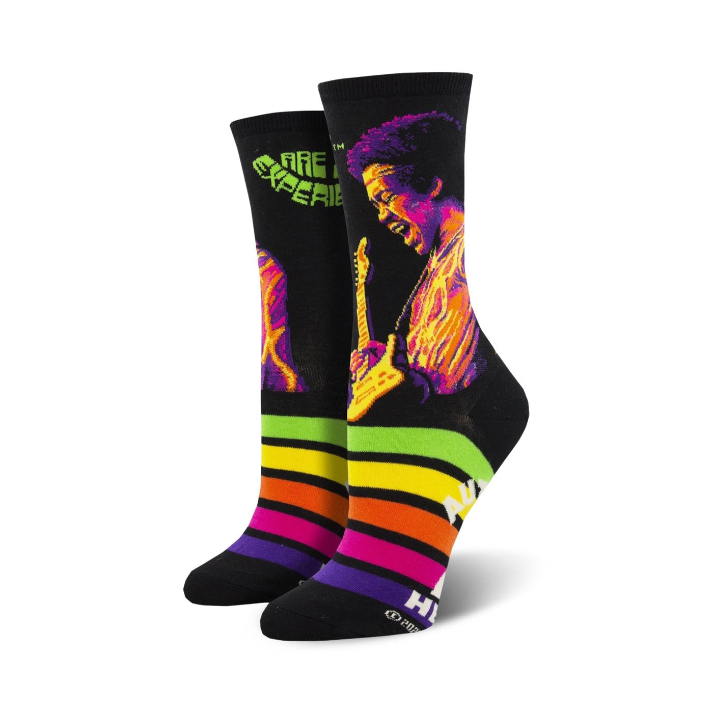 A pair of black crew socks with a colorful image of Jimi Hendrix playing guitar. The socks feature a vibrant rainbow stripe at the cuff and text that says 'Are You Experienced'.