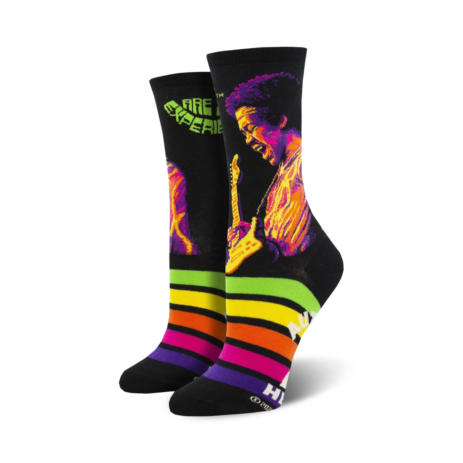 A pair of black crew socks with a colorful image of Jimi Hendrix playing guitar. The socks feature a vibrant rainbow stripe at the cuff and text that says 'Are You Experienced'.