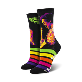 jimi hendrix psychedelic black womens crew socks with colorful portrait of the guitarist and psychedelic background.  