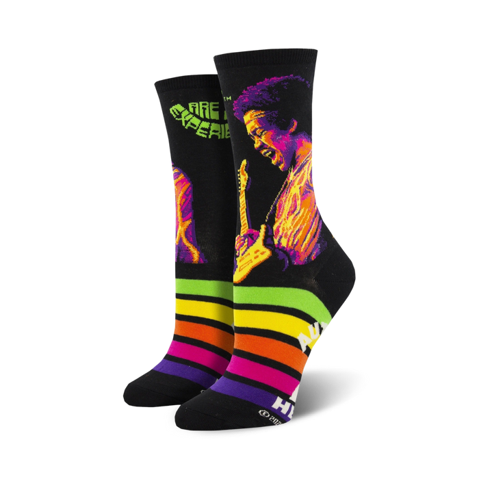 jimi hendrix psychedelic black womens crew socks with colorful portrait of the guitarist and psychedelic background.   }}