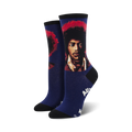 A pair of women's crew socks in navy blue, featuring a colorful portrait of Jimi Hendrix and his name.
