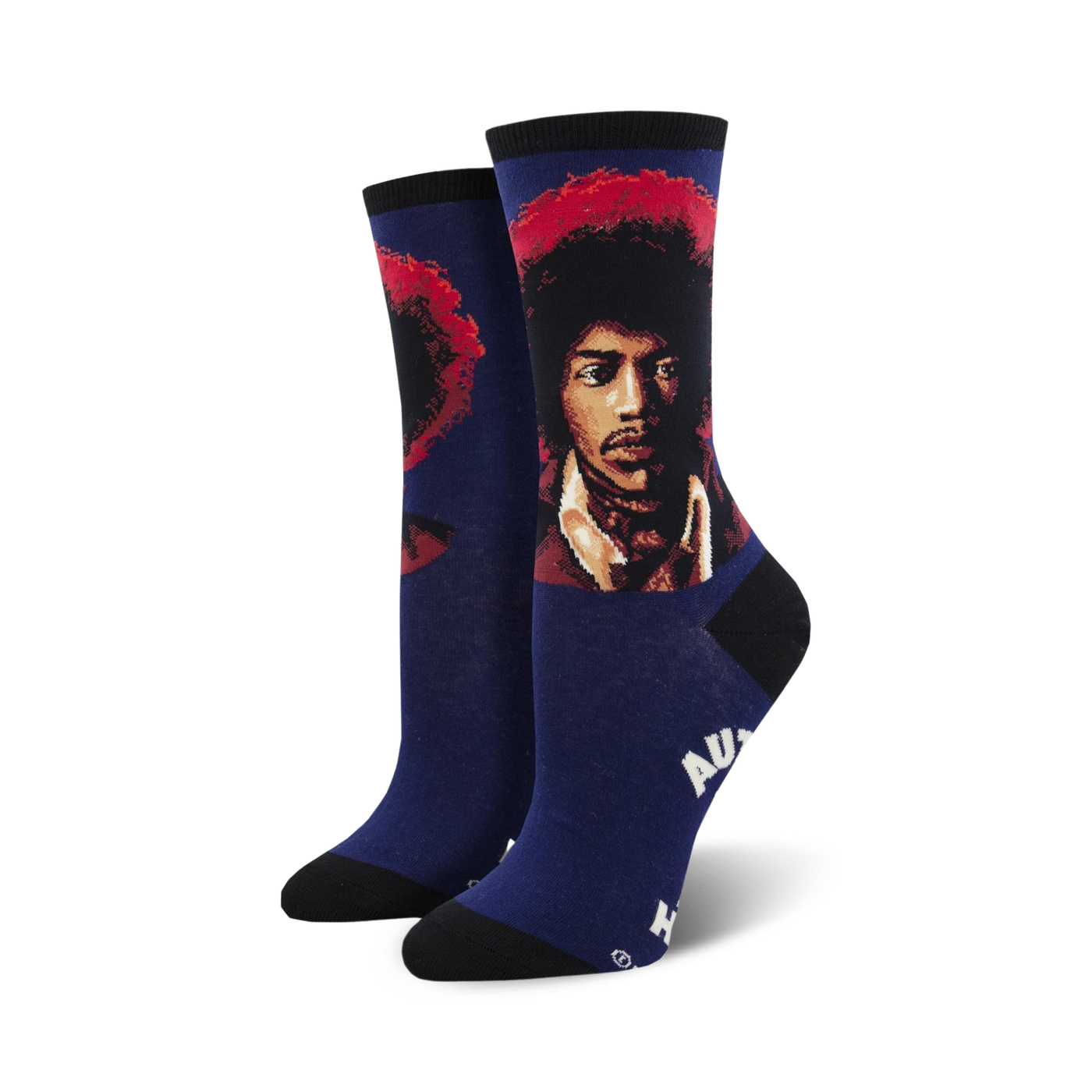 A pair of women's crew socks in navy blue, featuring a colorful portrait of Jimi Hendrix and his name.
