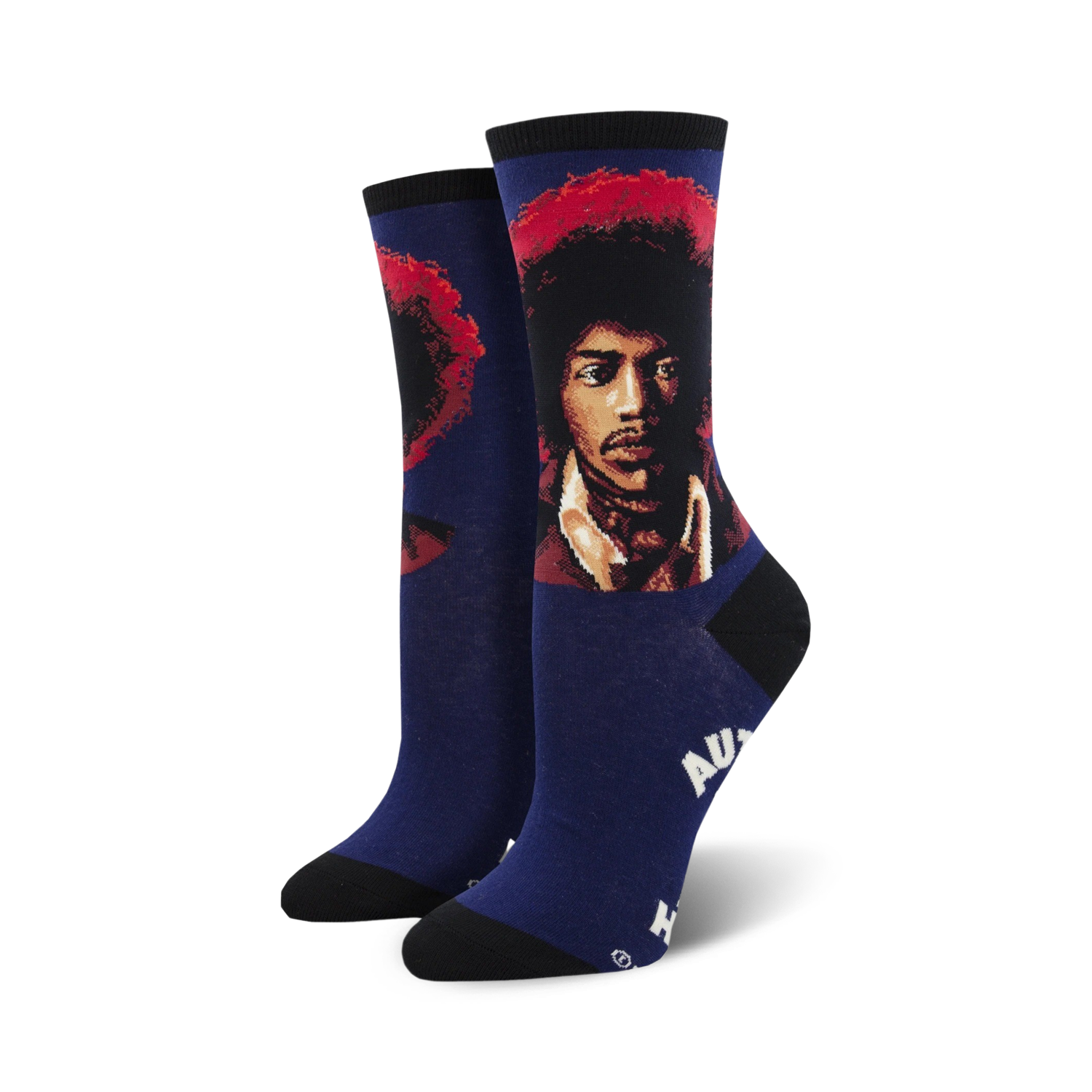 A pair of women's crew socks in navy blue, featuring a colorful portrait of Jimi Hendrix and his name.