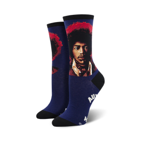  blue crew socks for women featuring jimi hendrix's portrait.  