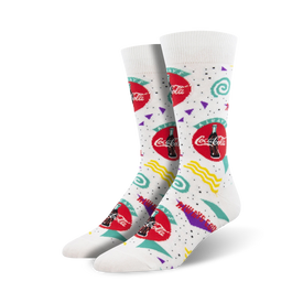 white crew socks with colorful 90s-themed coca-cola pattern.  