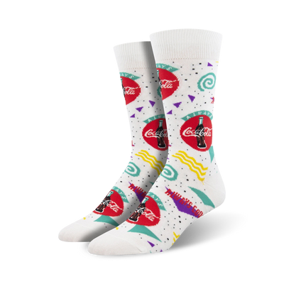 white crew socks with colorful 90s-themed coca-cola pattern.  