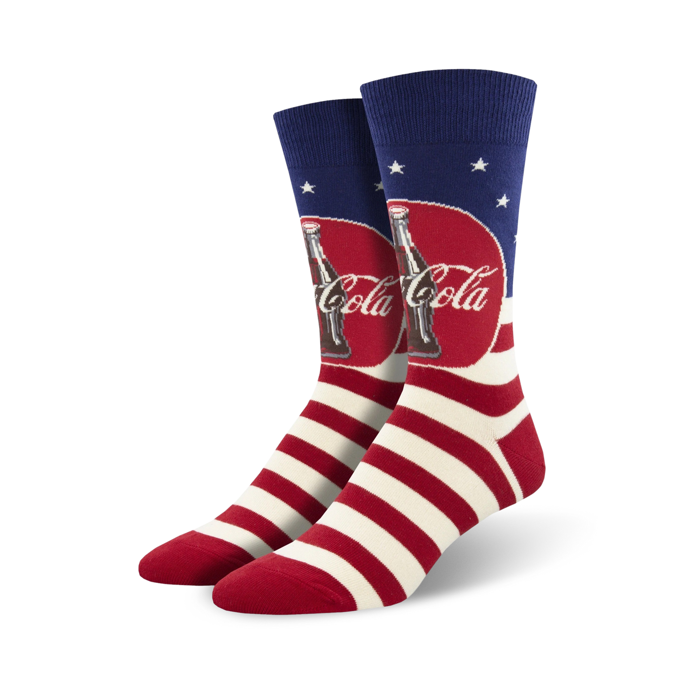 Pair of crew socks in red, white, and blue.  American flag stripes and Coca-Cola bottle graphics.