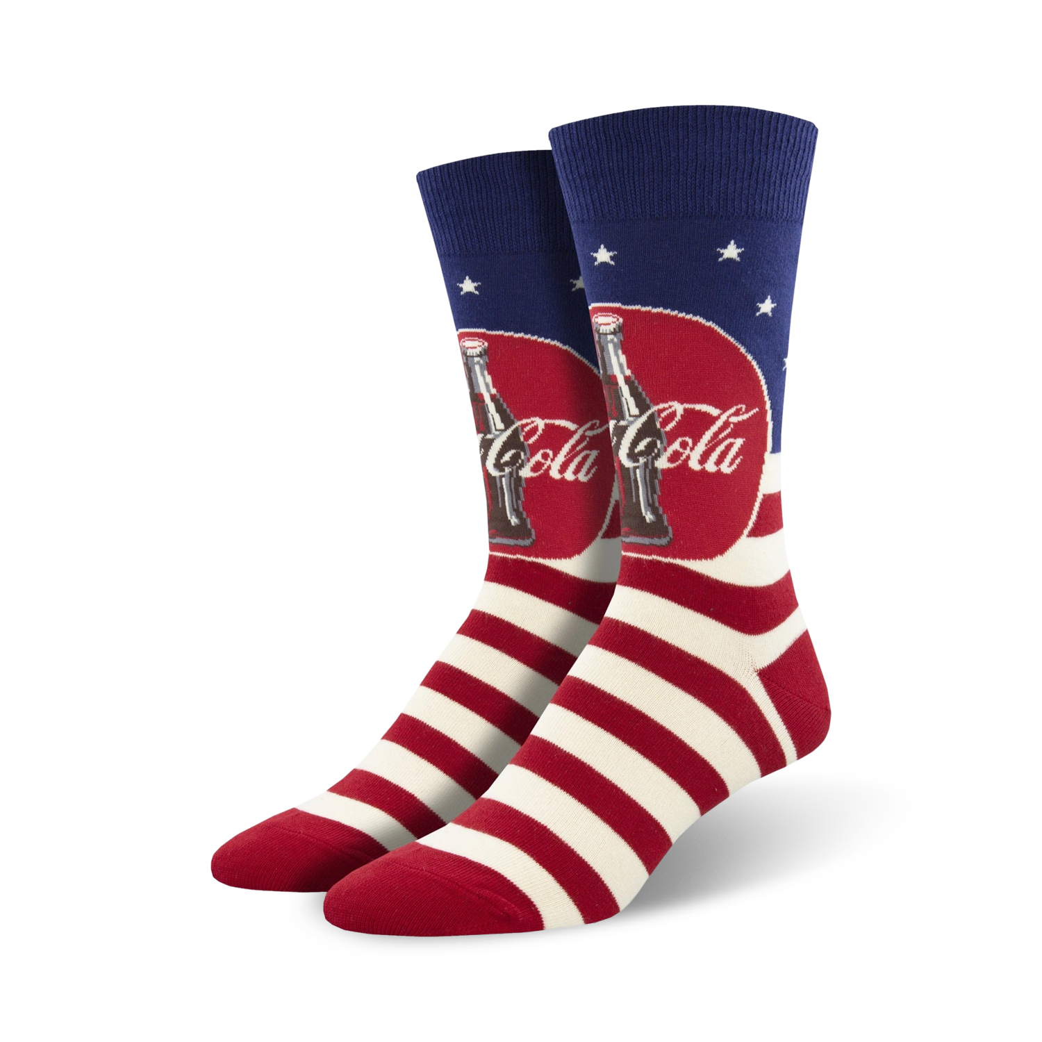 Pair of crew socks in red, white, and blue.  American flag stripes and Coca-Cola bottle graphics.
