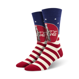 red, white, and blue crew socks with coca-cola bottle pattern and logo.  