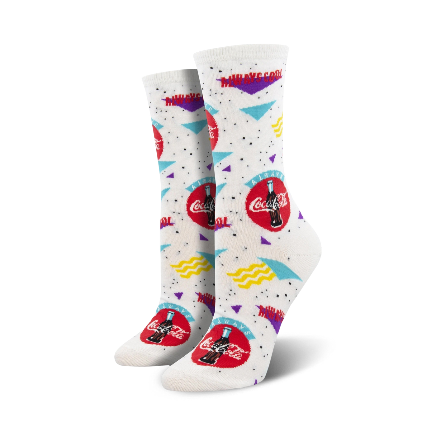 Pair of white crew socks with a 90s-themed Coca-Cola design. Red Coca-Cola logo, teal and purple accents, and wavy lines on a white background.