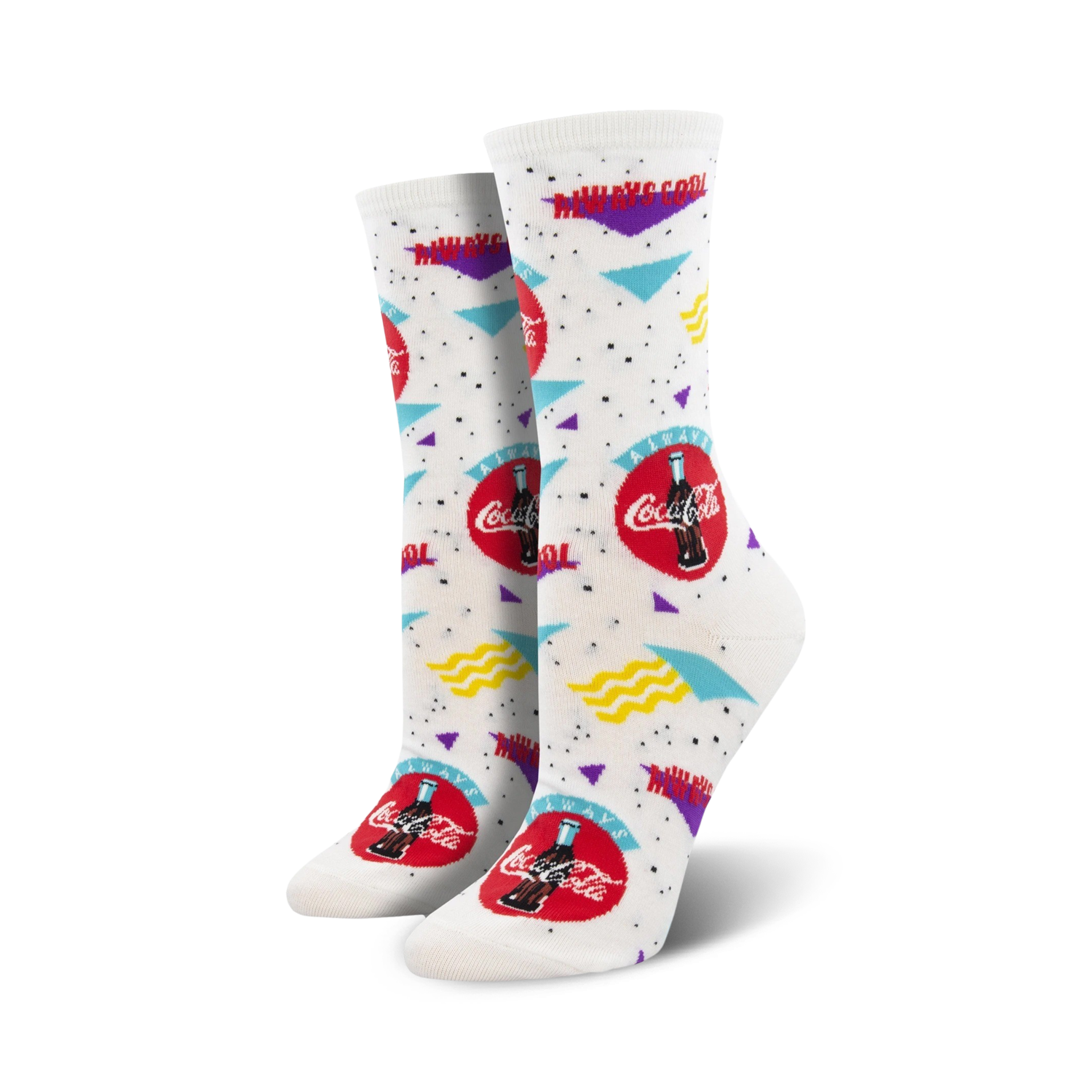 Pair of white crew socks with a 90s-themed Coca-Cola design. Red Coca-Cola logo, teal and purple accents, and wavy lines on a white background.
