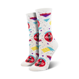 white crew socks with colorful 1990s coca-cola logos, abstract shapes, and symbols.  