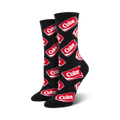 Pair of black crew socks with a repeating pattern of red Coca-Cola logos.  Fun, retro design.