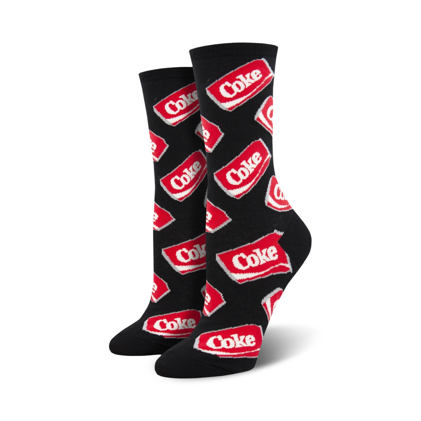 Pair of black crew socks with a repeating pattern of red Coca-Cola logos.  Fun, retro design.