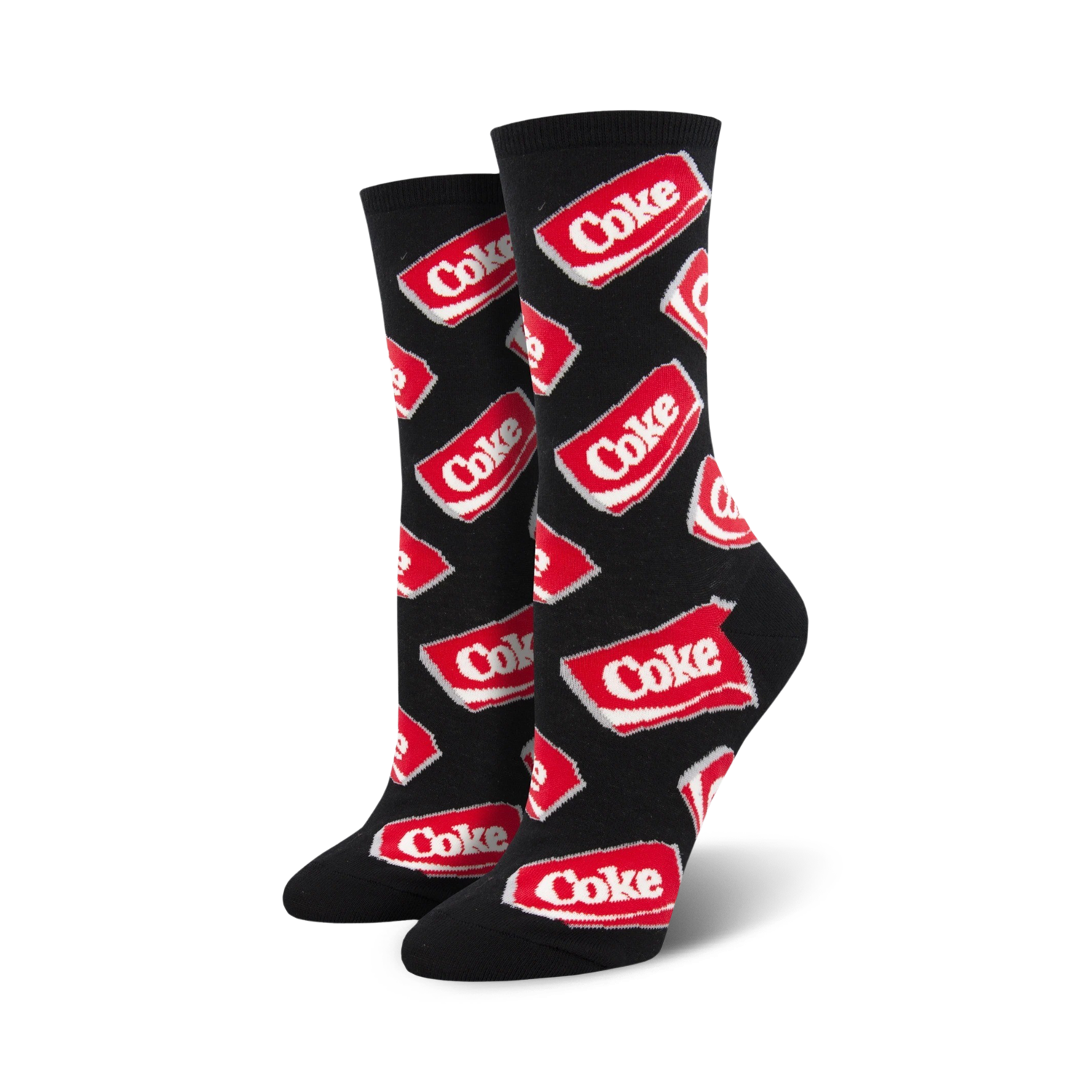 Pair of black crew socks with a repeating pattern of red Coca-Cola logos.  Fun, retro design.
