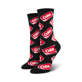 women's crew socks featuring a pattern of red coke cans with white lettering.  