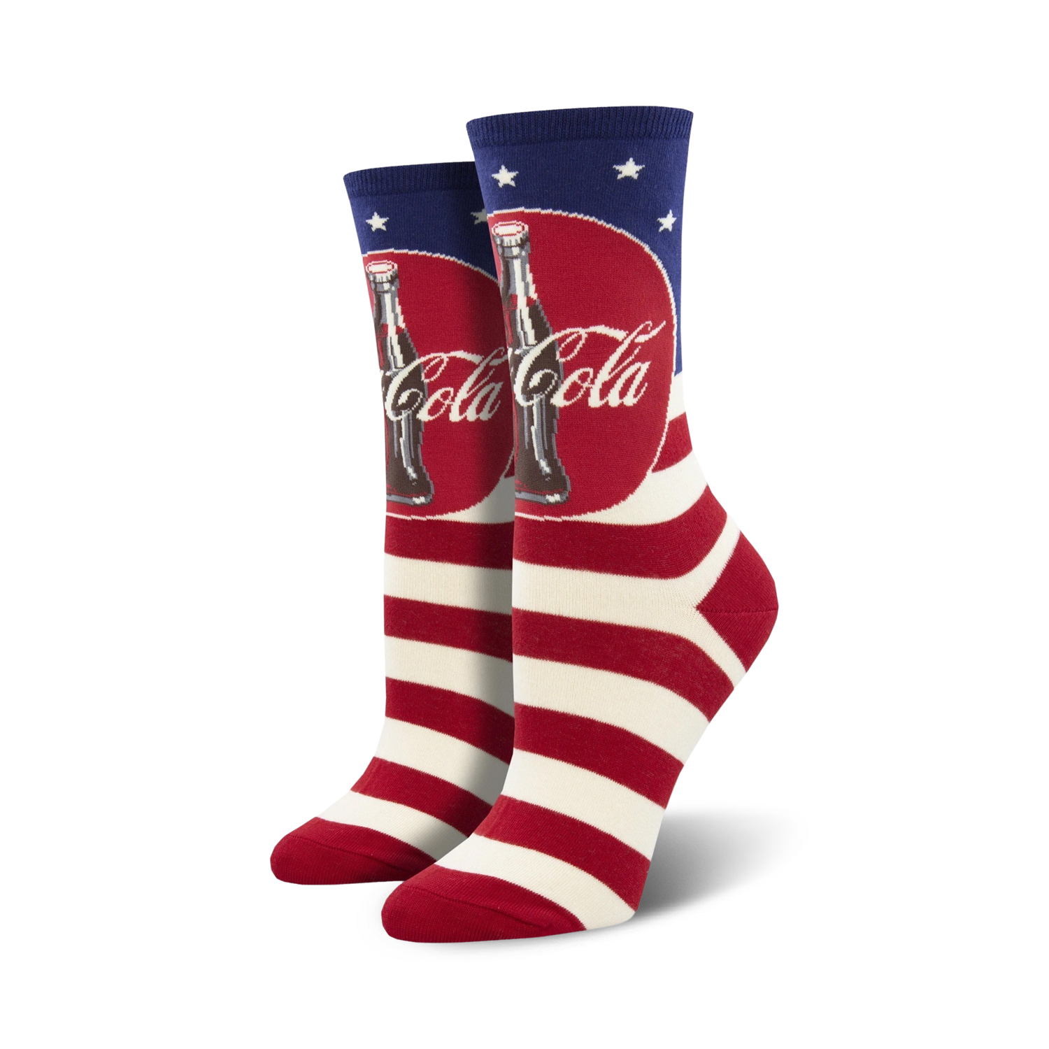 Pair of crew socks with red and white stripes, a Coca-Cola logo, and an American flag motif.