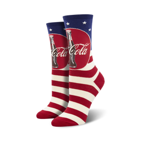 crew length women's red and white striped socks with a blue circle and black coca-cola logo, plus 6 white stars.   