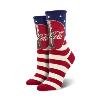 Pair of crew socks with red and white stripes, a Coca-Cola logo, and an American flag motif.