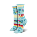 Pair of women's crew socks in pastel blue and yellow, featuring a retro Coca-Cola design with geometric shapes and the text 'Always Fresh'.