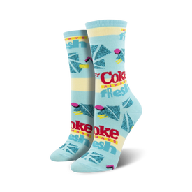 womens blue crew socks with red, yellow, and white geometric coke shapes.  