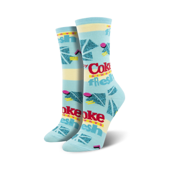 womens blue crew socks with red, yellow, and white geometric coke shapes.  