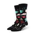 Pair of black crew socks with colorful medical icons: ambulances, hearts, bandages, stethoscopes, and more.  A fun, quirky design.
