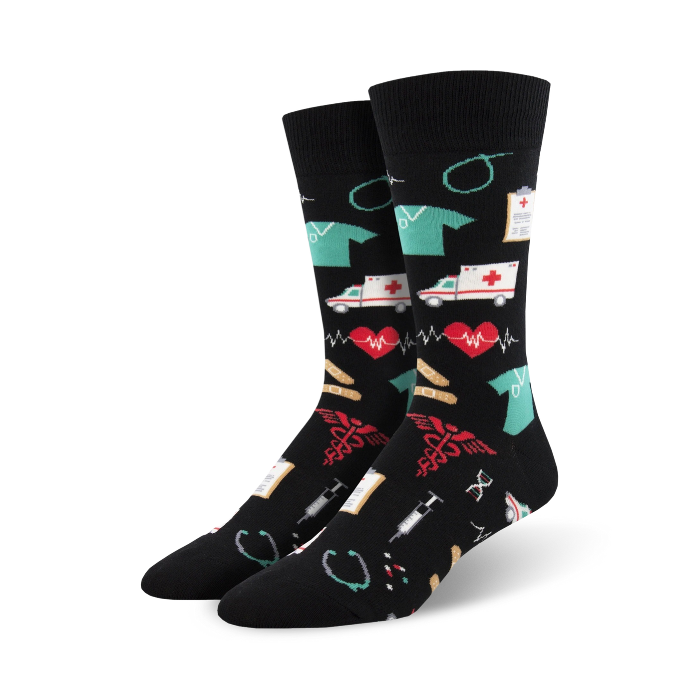Pair of black crew socks with colorful medical icons: ambulances, hearts, bandages, stethoscopes, and more.  A fun, quirky design.