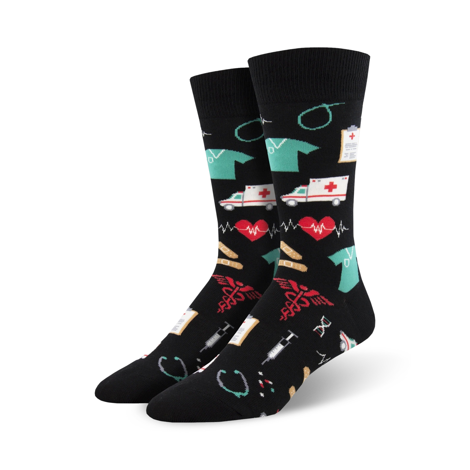 Pair of black crew socks with colorful medical icons: ambulances, hearts, bandages, stethoscopes, and more.  A fun, quirky design.