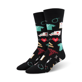 black crew socks with medical-related images, including hearts, ekgs, pills, bandages, and syringes, designed for men.   