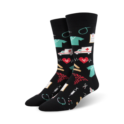 black crew socks with medical-related images, including hearts, ekgs, pills, bandages, and syringes, designed for men.   