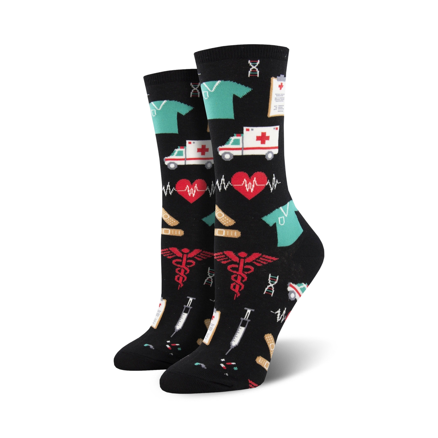Pair of black crew socks with colorful medical icons: red caduceus symbol, teal scrubs, ambulances, EKG lines, bandages, and syringes.
