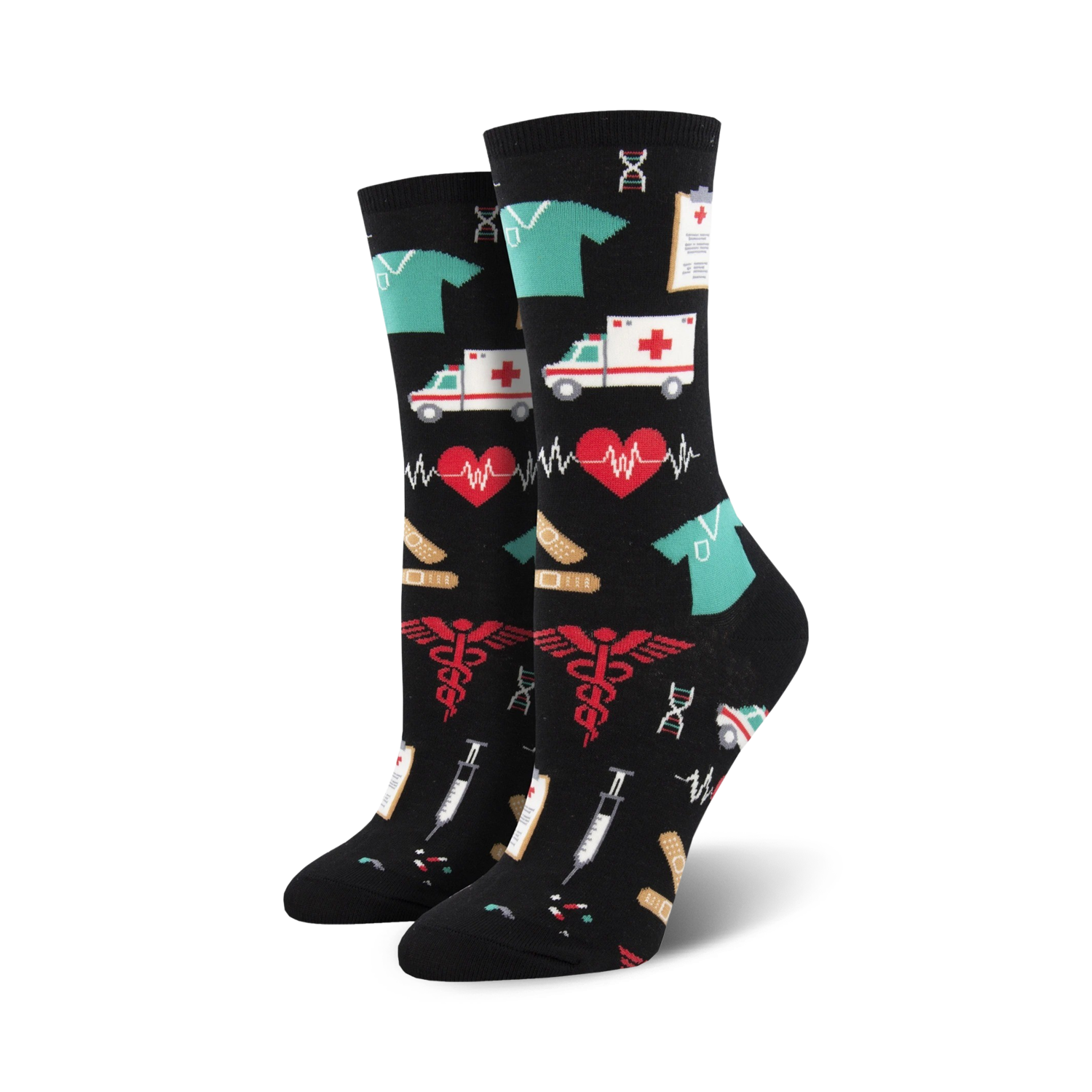 Pair of black crew socks with colorful medical icons: red caduceus symbol, teal scrubs, ambulances, EKG lines, bandages, and syringes.