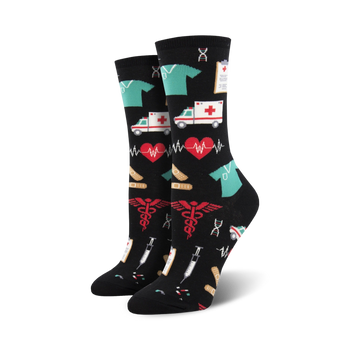 womens black crew socks with pattern of hearts, syringes, ekgs, pills, ambulances, and doctors.  