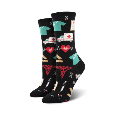 womens black crew socks with pattern of hearts, syringes, ekgs, pills, ambulances, and doctors.  