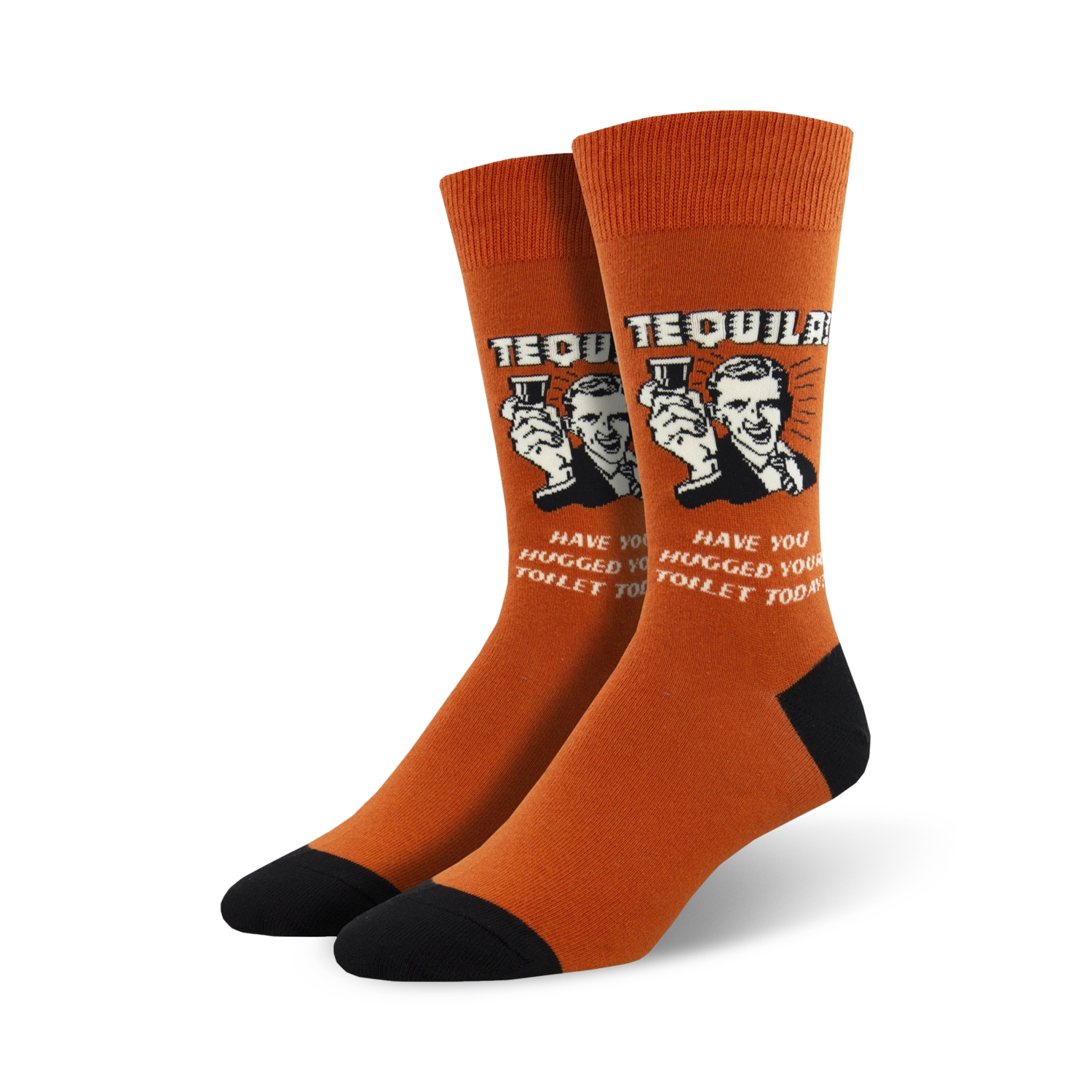 A pair of orange crew socks with a retro-style graphic of a man holding tequila shots and the text, 'Have you hugged your toilet today?'