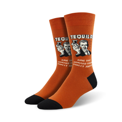 orange and black "that's the spirit" crew socks with "have you hugged your toilet today?" and "tequila" written on them.  