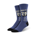 A pair of men's blue crew socks with a retro poker design.  The socks feature a man holding cards and the phrase 'Say hello to my little friends'.