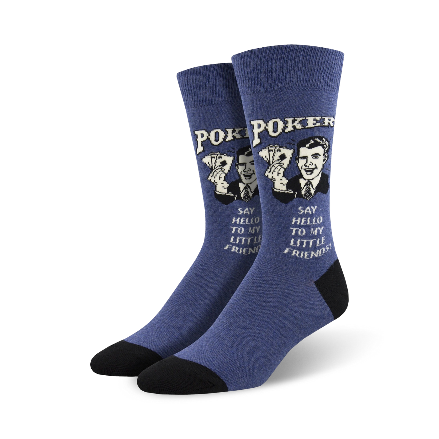 A pair of men's blue crew socks with a retro poker design.  The socks feature a man holding cards and the phrase 'Say hello to my little friends'.