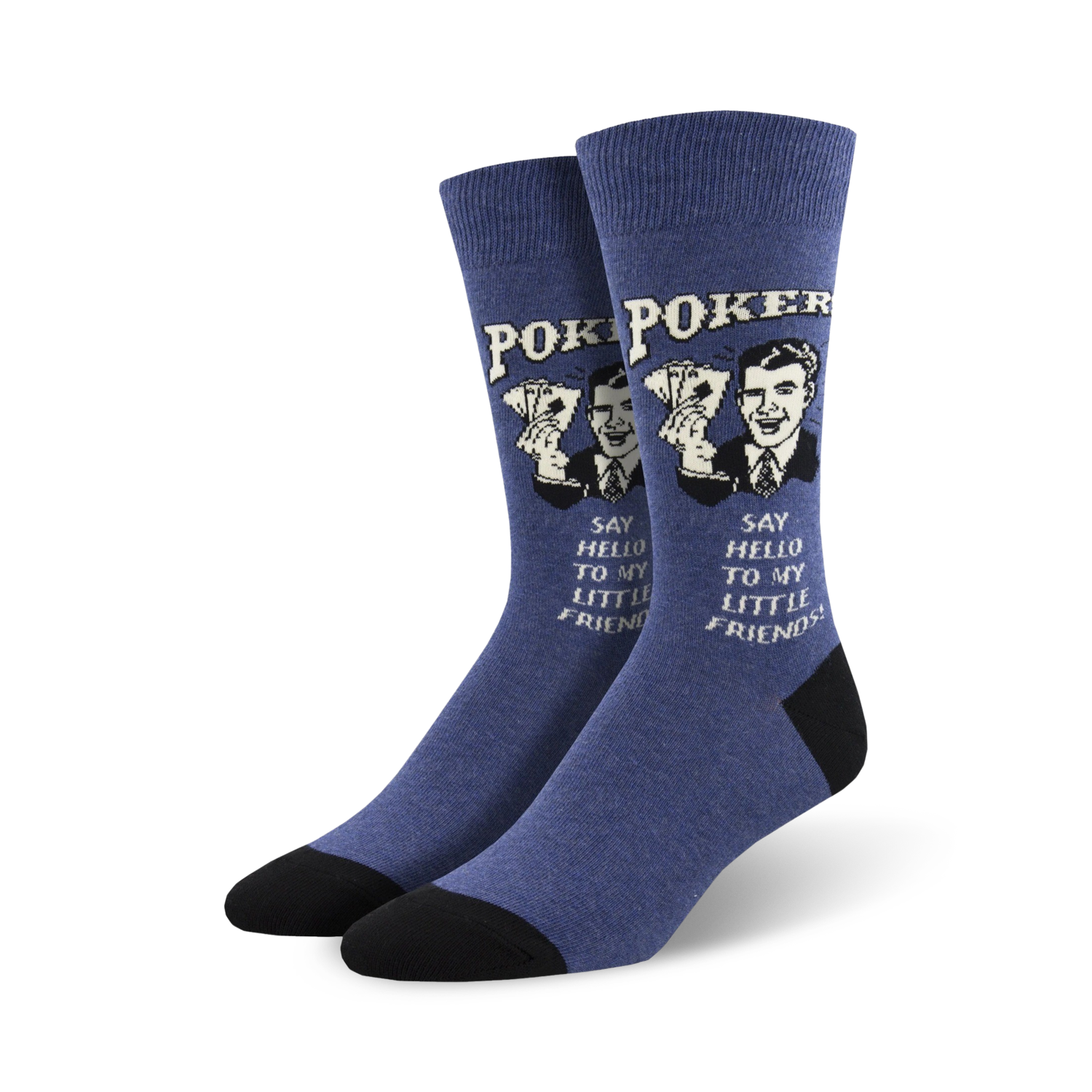 A pair of men's blue crew socks with a retro poker design.  The socks feature a man holding cards and the phrase 'Say hello to my little friends'.