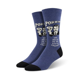 mens poker-themed crew socks in blue with "say hello to my little friends" text.   