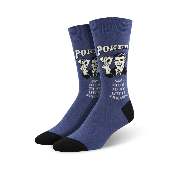 mens poker-themed crew socks in blue with 
