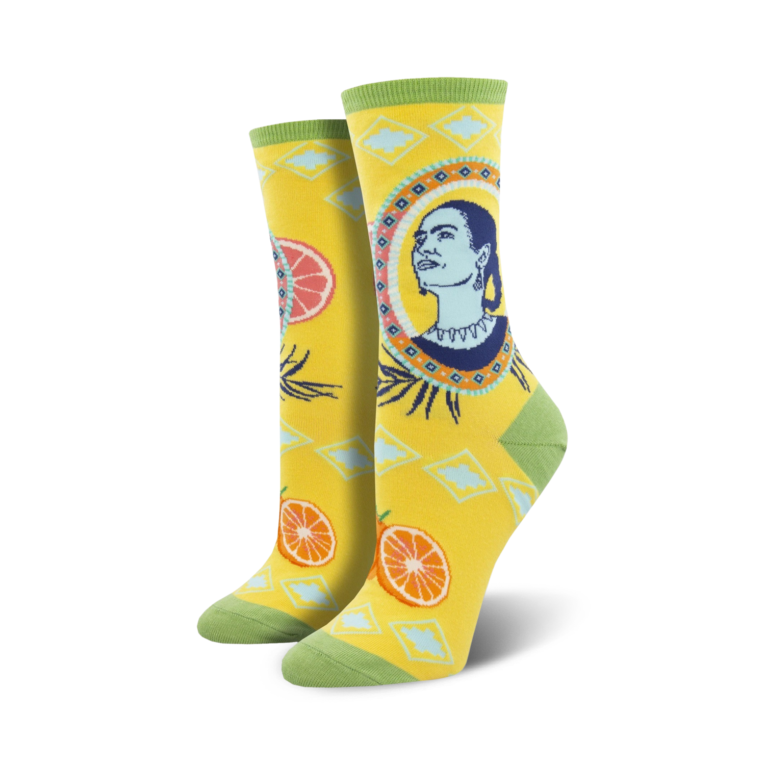 Lifestyle shot showing the Frida Orange socks on a model's feet.