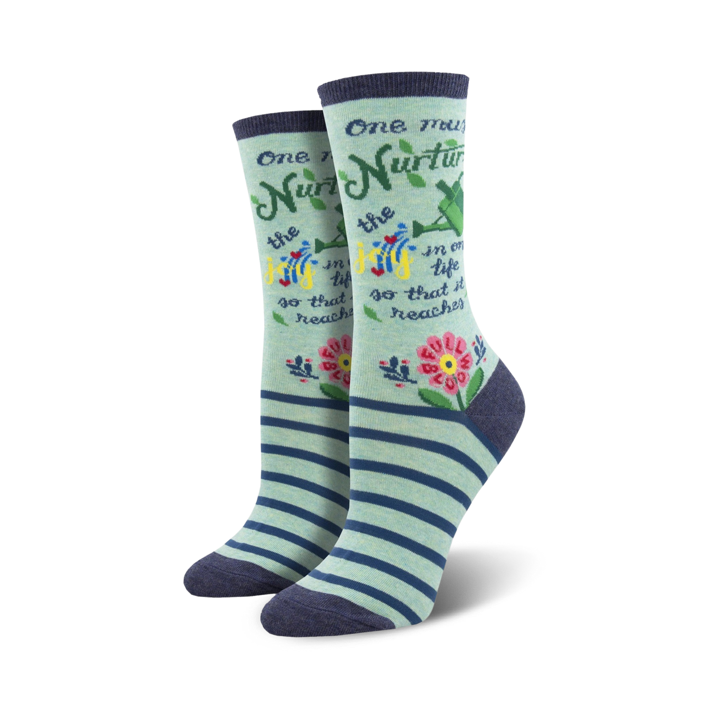 Pair of women's crew socks in light teal with navy stripes. Features a Maya Angelou quote and colorful floral accents.