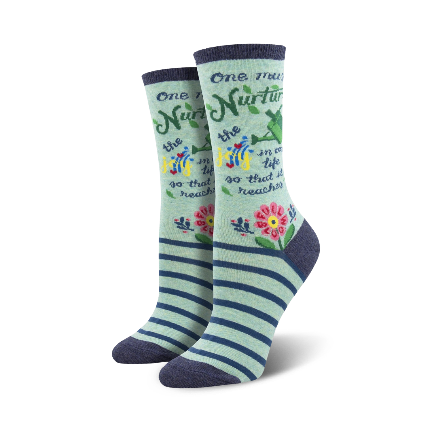 Pair of women's crew socks in light teal with navy stripes. Features a Maya Angelou quote and colorful floral accents.