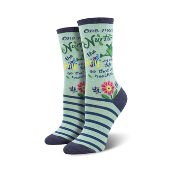 green, blue and white striped women's crew socks with floral pattern and maya angelou quote.   