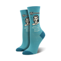 Pair of teal crew socks with a vintage-style illustration of a woman and the text 'Half the population, all the brains!'