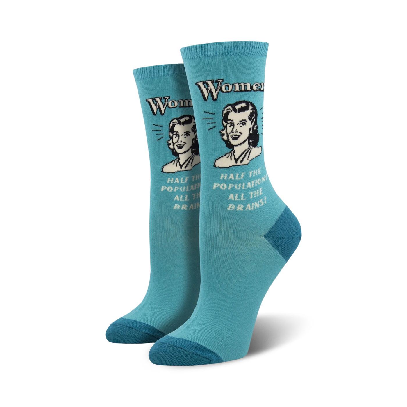 Pair of teal crew socks with a vintage-style illustration of a woman and the text 'Half the population, all the brains!'